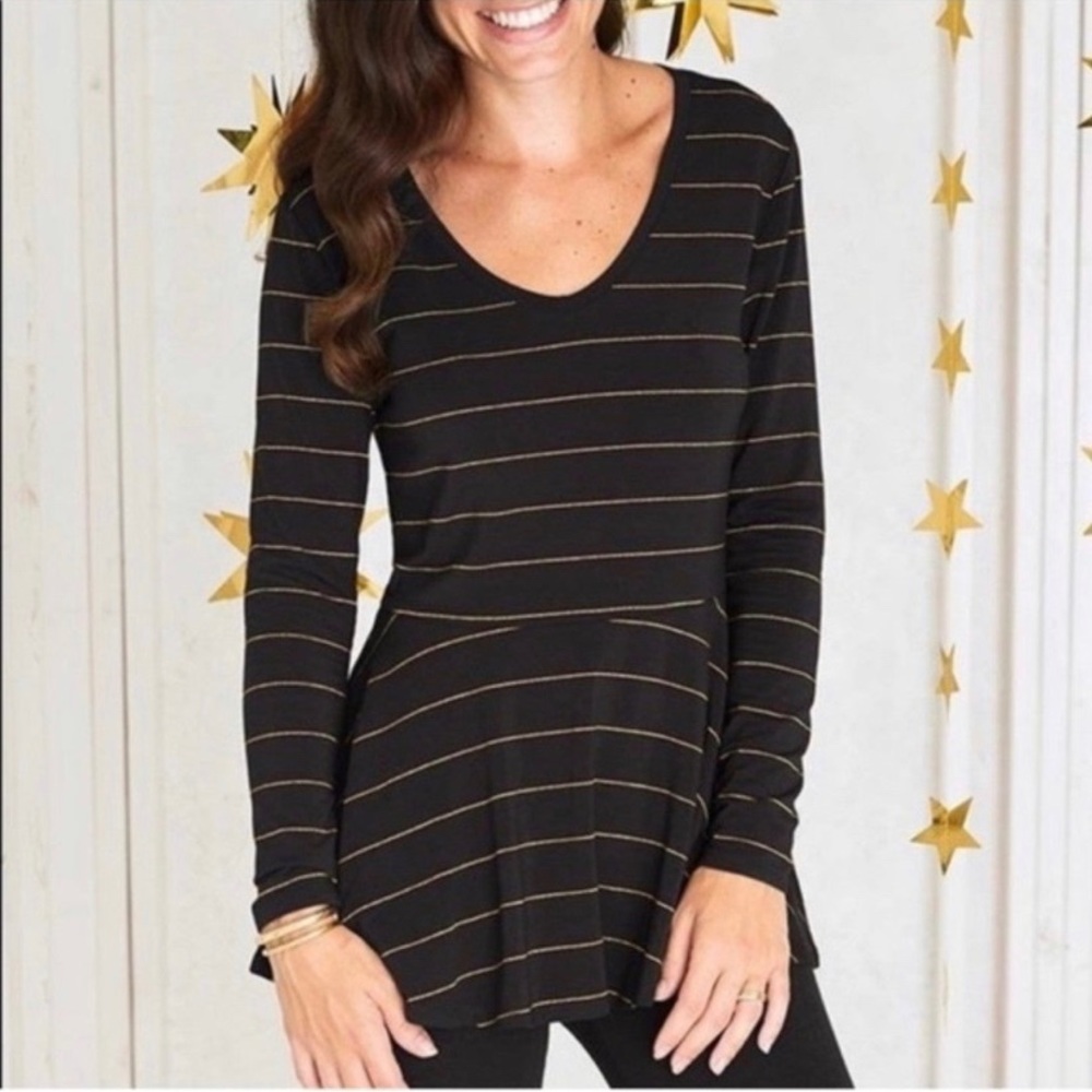 MATILDA Jane Woman’s Black with Metallic Gold Stripe Peplum Top